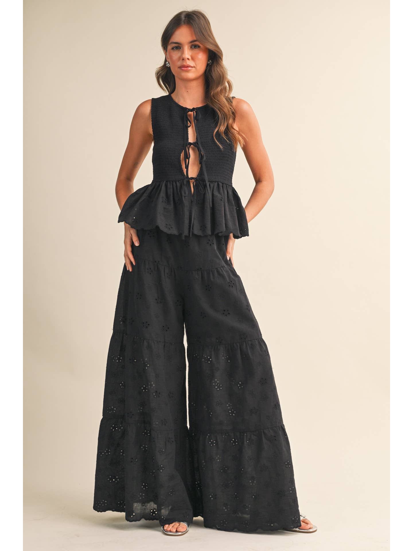 Eyelet Smocked Peplum Top