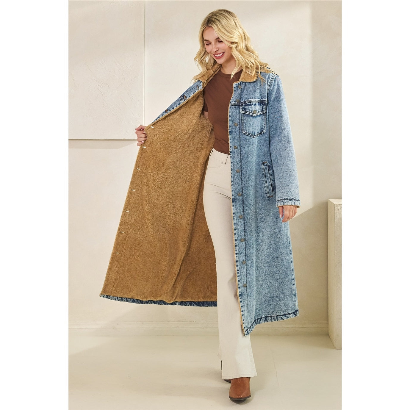 Teddy Lined Long Denim Jacket