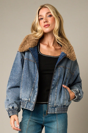 Faux Fur Cropped Denim Jacket